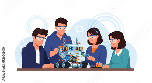 Group of people assembling a robot together.