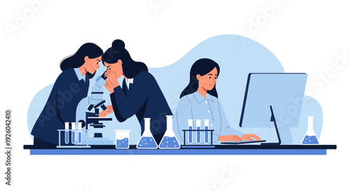 Female Scientists Conducting Laboratory Research with Microscope and Computer.