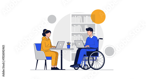 Man in wheelchair and woman working at table.