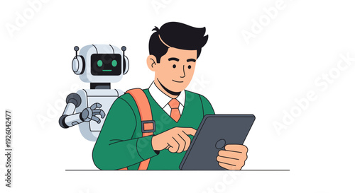 Man with tablet and robot assistant illustration.