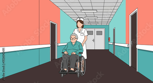 Nurse Pushing Elderly Man In Wheelchair In Hospital Corridor.