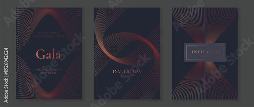 Gala invitation vector template with copper red foil details on midnight blue background. Luxury elegant design for special event invitations and wedding cards.