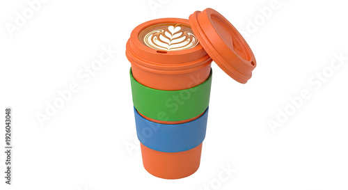 Stack of Reusable Coffee Cups with Latte Art