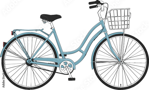 City bicycle vector illustration with basket, classic urban bike design isolated on white for eco friendly transport, commuting, cycling lifestyle and sustainable mobility projects