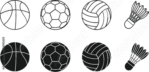 Sports balls outline and silhouette vector illustration set with basketball, soccer ball, volleyball and badminton shuttlecock icons in black and white isolated on white