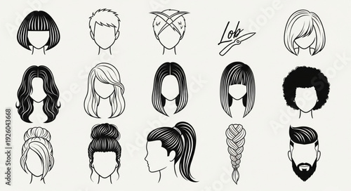 Collection of diverse hand-drawn hairstyles and haircuts for women and men.