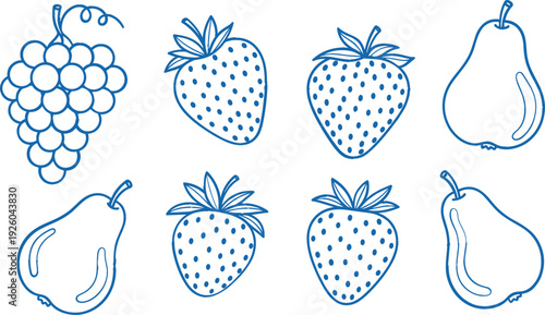 Hand drawn fruit illustration set with strawberries, pears and grapes in blue outline style, minimal doodle food icons isolated on white