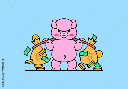 Funny cartoon pig lifting two heavy money bags filled with coins and cash. Bold outline, bright colors, and simple vector style create a playful finance and savings themed design.