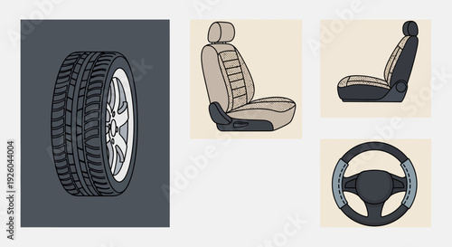 Illustration of car parts including a tire, seat, and steering wheel viewed from various angles