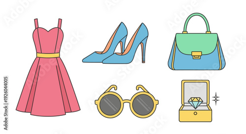 Fashion accessories and clothing items including dress, shoes, sunglasses, handbag, jewelry displayed together neatly