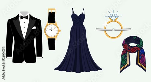 Elegant evening attire displayed with accessories and jewelry in a flat lay arrangement on a clean background
