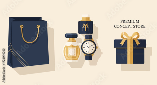 Luxury shopping illustration featuring premium watch, perfume, gift, and bag from a premium concept store displayed elegantly from a straightforward viewpoint