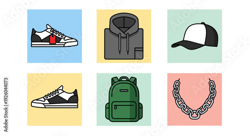 A collection of fashion items including shoes, clothing, and accessories displayed on a grid of colored backgrounds from a direct overhead viewpoint
