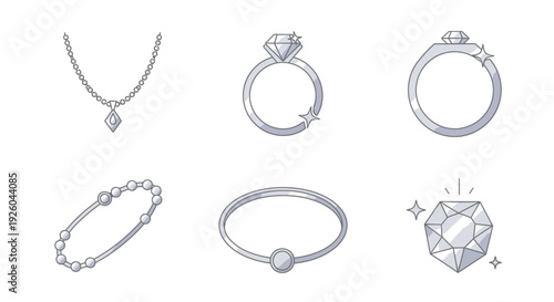 Collection of elegant jewelry pieces including necklaces, rings, and bracelets displayed on a clean white background from a straightforward viewpoint