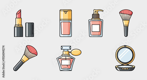Collection of cosmetic products and tools arranged neatly on a flat surface, viewed from directly above.