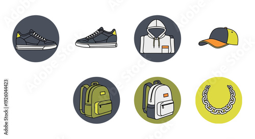 Collection of fashion icons featuring shoes, clothing, and accessories displayed in circular frames