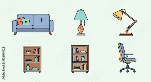 Modern office furniture arrangement featuring sofa, lamp, chair, and bookshelves in a minimalist setting from a front viewpoint