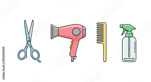 Salon tools including scissors, hairdryer, comb, and spray bottle arranged neatly on a clean surface