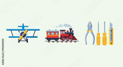 Collection of transportation modes and tools displayed in a row