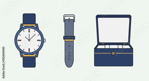 Luxury watch with interchangeable strap and box displayed on a clean background from a straightforward viewpoint