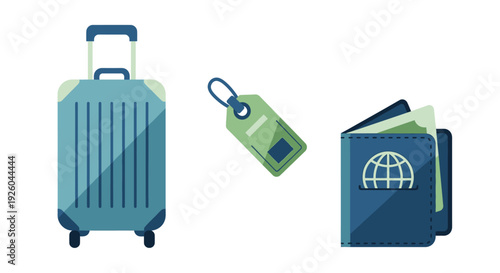 Travel essentials including luggage, passport, and luggage tag on a clean background, viewed from directly above.