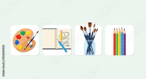 Assorted art supplies displayed on a clean white background, showcasing creative tools and materials for artistic expression and imagination.