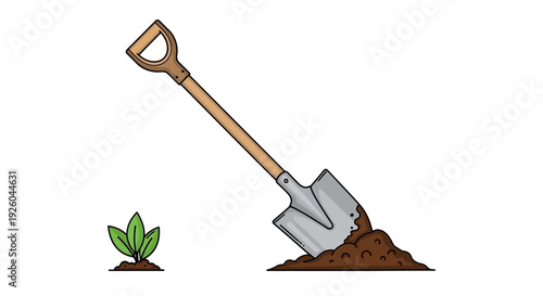 A shovel stands beside a pile of soil with a small green plant sprouting nearby, illustration of gardening activity