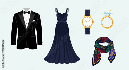 A stylish ensemble featuring a navy dress, tuxedo, watch, ring, and scarf, showcased from a straightforward viewpoint.