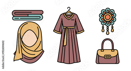 Fashion accessories and clothing items displayed together, including a dress, hijab, handbag, and jewelry, presented in a flat lay style from a straightforward viewpoint.