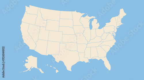 Minimalist Blank Map of United States with All State Borders. USA Political Geography Outline with Alaska & Hawaii.