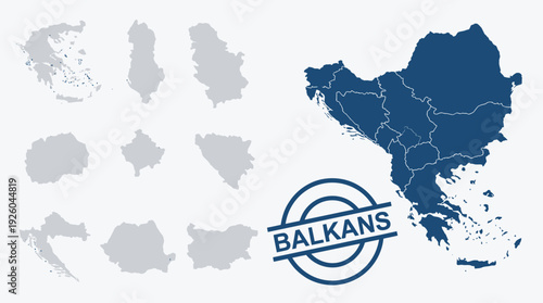 Balkan Peninsula Region Map Set with Individual Country Outlines: Albania, Bosnia and Herzegovina, Bulgaria, Croatia, Greece, Kosovo, North Macedonia, Romania, Serbia