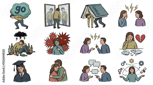 Mental Health and Emotional Distress Vector Illustrations. Concepts of Stress, Anxiety, Depression, Addiction, Relationship Problems, Life Challenges, and Support.