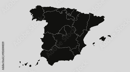 Minimalist Black Silhouette Map of Spain & Islands. Outline of Autonomous Communities & Provinces on Grey. Geographic & Administrative Divisions.