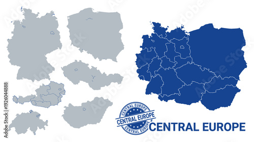 Central Europe Vector Map Collection: Germany, Poland, Czech Republic, Austria, Hungary, Switzerland with Regional Divisions
