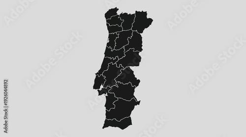 Portugal Map Vector with Administrative Divisions | Detailed Black & White Outline of Portuguese Regions & Districts on Light Grey Background