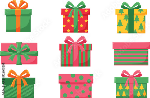 Christmas gift box collection, colorful wrapped presents with ribbons and bows, holiday surprise packages, festive birthday celebration elements, xmas winter vector set.