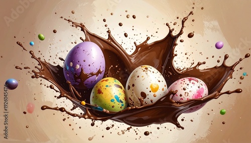 Vibrant speckled eggs embrace a dynamic splash of rich chocolate, with colorful candies scatter-flying, creating a festive and delightful scene perfect for confectionery advertisements and holiday cel