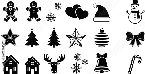 Christmas holiday silhouette icon set, gingerbread man snowman reindeer snowflake, winter celebration elements, xmas tree decoration, santa hat gift vector collection.
