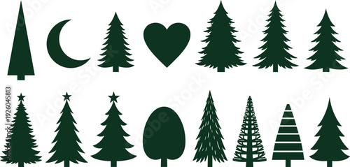 Christmas tree silhouette set, winter pine forest elements, evergreen fir collection, holiday nature icons, spruce wood landscape, crescent moon, heart shape.
