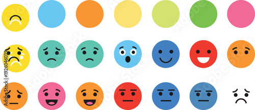 Colorful emoji face icon set, flat vector cartoon emoticons, happy sad angry surprised expressions, social media chat symbols, mood feelings collection.