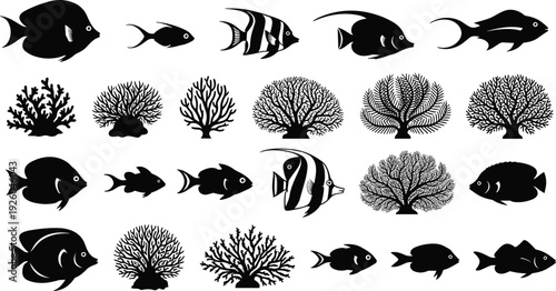 Collection of black tropical fish silhouettes and coral reef elements isolated on white background for marine life and underwater ocean designs