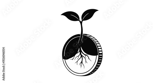 Growth and investment concept art featuring a plant sprouting from a coin, symbolizing sustainable finance and wealth accumulation