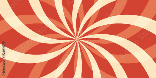 Retro red background with vintage circus sunburst. Psychedelic colorful swirl poster, abstract pattern in 70s carnival style. Hypnotic sunburst vector illustration.