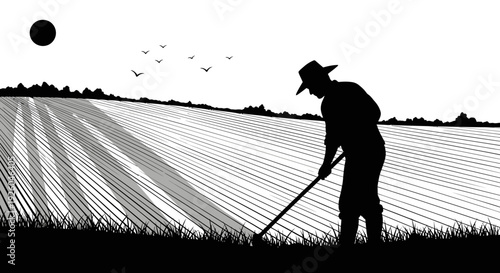 Silhouette of a farmer working diligently with a hoe in a vast cultivated agricultural field, depicting rural life and traditional farming labor.