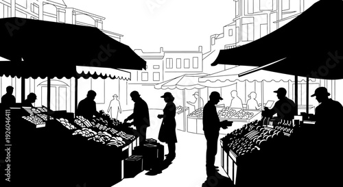 Lively outdoor market scene silhouette illustration with people browsing stalls and vendors selling goods in a traditional town square.