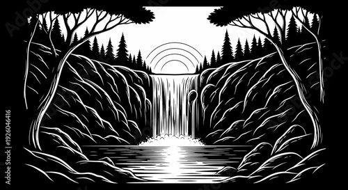 Monochromatic woodcut style illustration of a majestic waterfall cascading into a serene lake with a forest and sunrise.