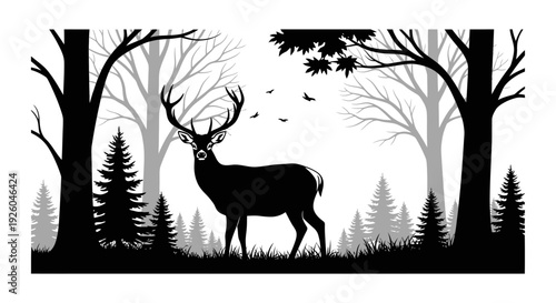 Majestic Stag Silhouette in a Serene Forest Landscape. Wildlife Nature Scene with Trees and Birds. Monochrome Illustration.