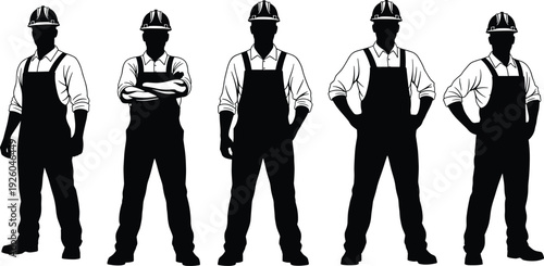 Construction worker silhouette set, male builders in overalls and hard hats, industrial professional team, site labor, foreman standing, engineering vector.