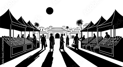 High contrast illustration of a busy traditional outdoor market with vendor stalls and people in a historic town square under a striking sun.