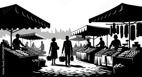 High contrast black and white graphic illustration of a bustling outdoor farmers market with people shopping for fresh produce at vendor stalls.
